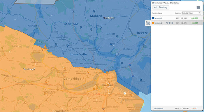 A US sales territory map created with ZIP code boundaries