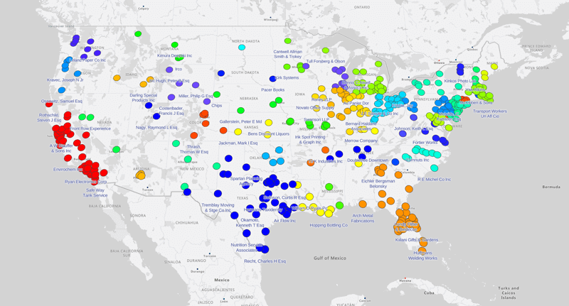 Color-coded map showing customers by type
