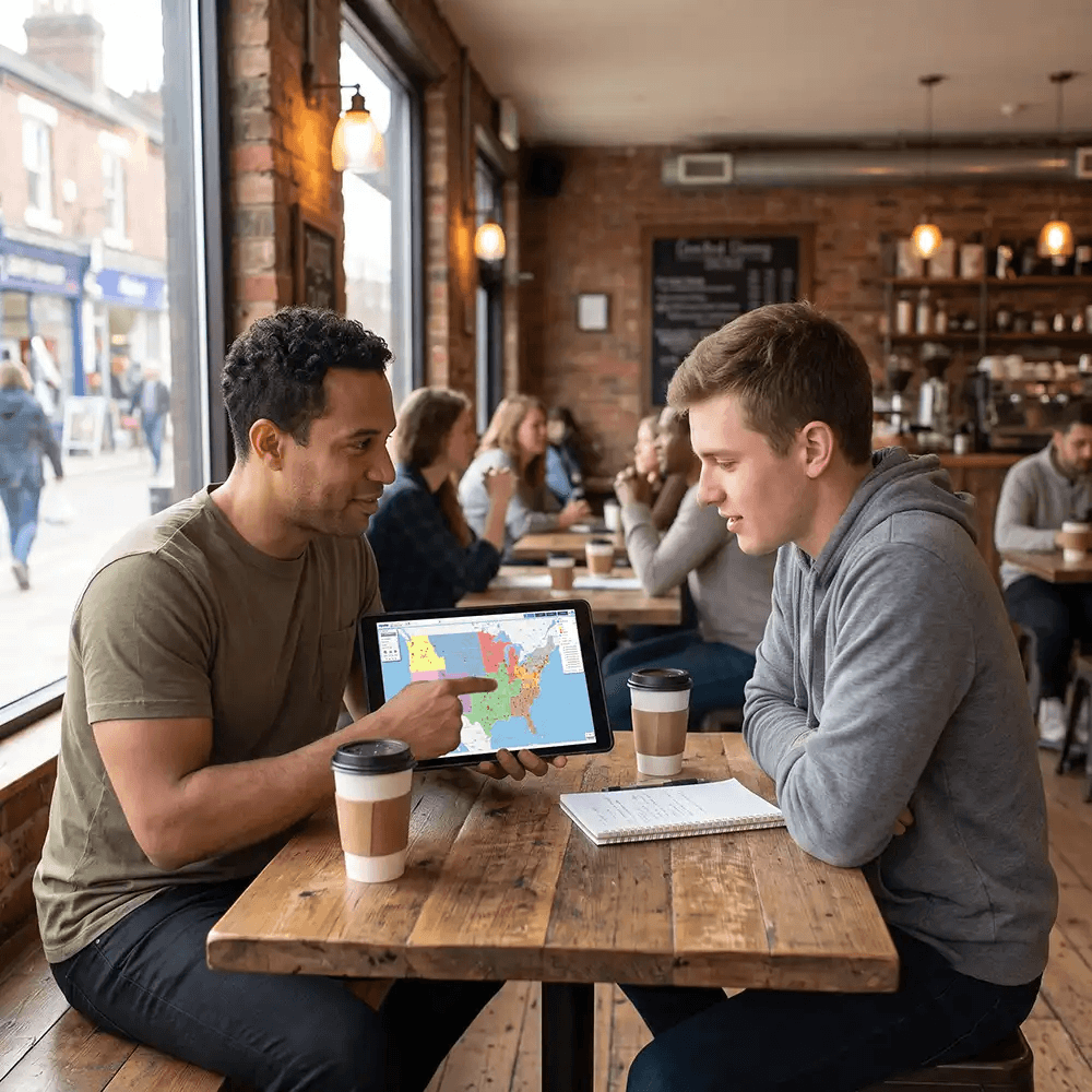 People in cafe reviewing territory map on a tablet