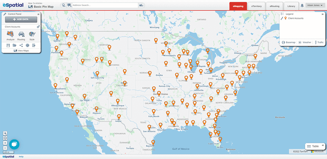 A pin geo map of warehouse locations in the US