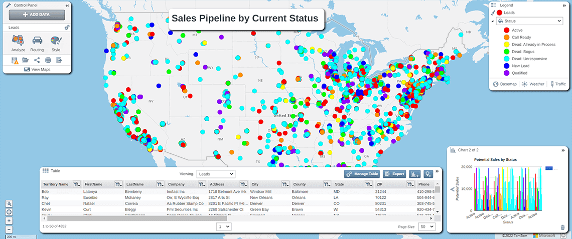 Pin map showing sales pipeline colored based on lead status