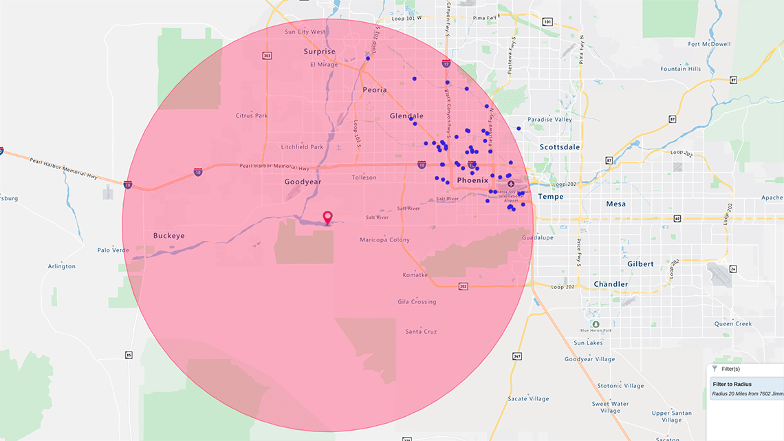 Radius map of contractors within 20 miles