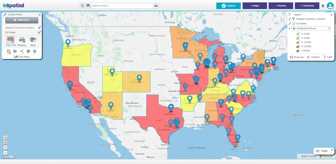 Regional heat map with pins overlaid