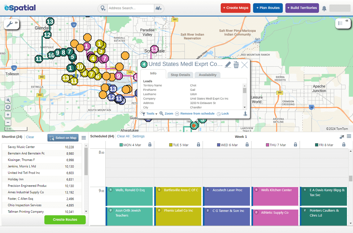 Route planning tool, stop highlighted
