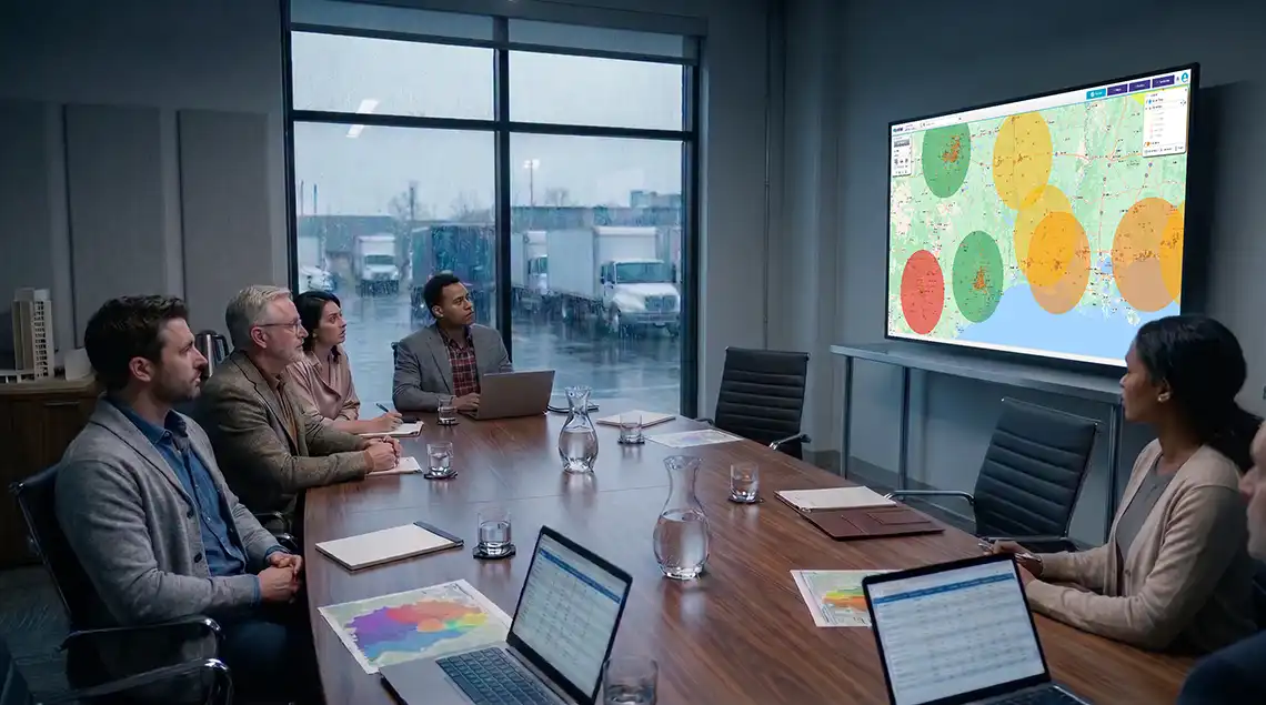 Team meeting reviewing radius map, trucks in the background outside window