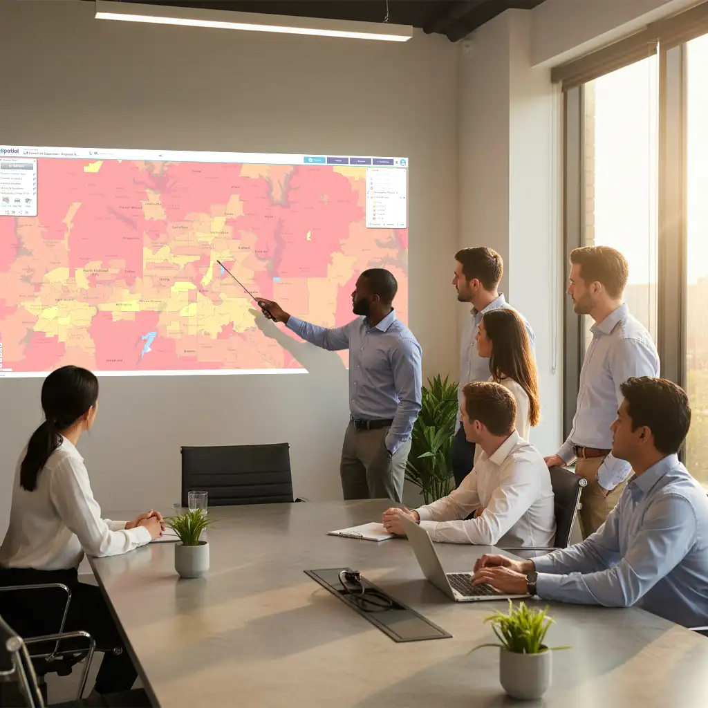 Team meeting with Texas heat map on projector screen