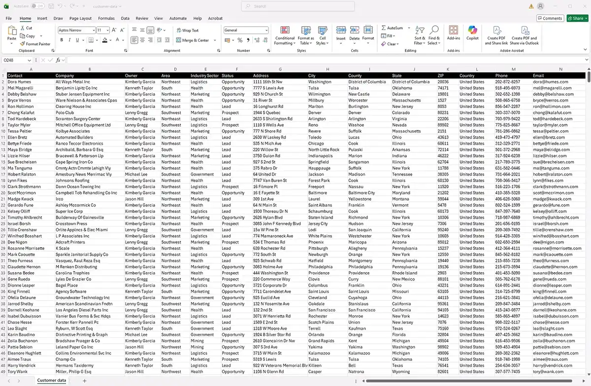 Customer spreadsheet