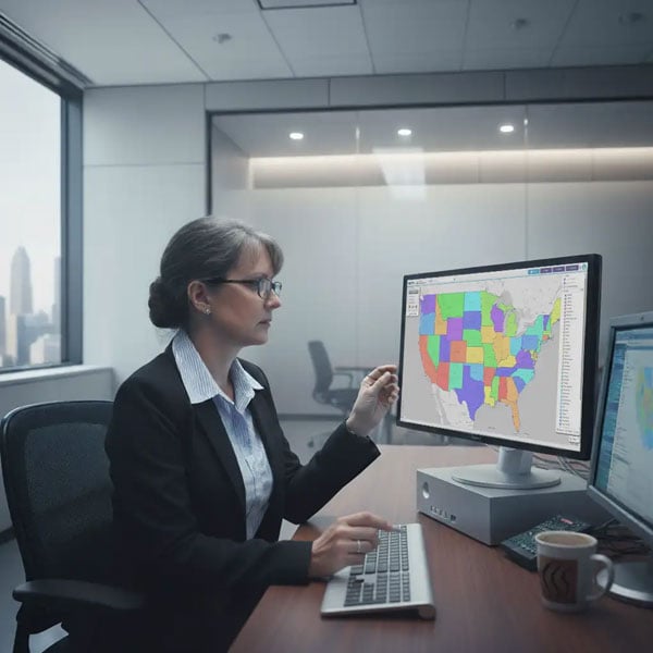 Woman reviewing territory map on a dual monitor setup
